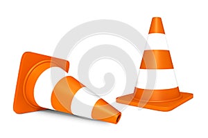 Standing And Lying Traffic Cones With Light Reflections - 3D Illustration Isolated On White Background