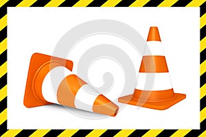 Standing And Lying Traffic Cones With Yellow And Black Warning Caution Border - 3D Illustration Isolated On White Background