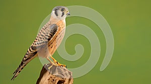 Standing male American kestrel or falcon (Falco sparverius) with a green background. Generative AI