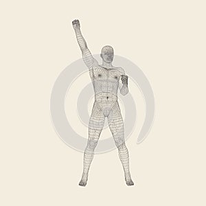 Standing Man. Human with arm up. The victory celebration. 3D Model of Man.