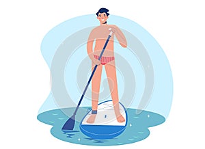 Standing man is paddling with paddle board on water. Man in water on sup board. SUP surfing concept