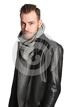 Standing man with scarf and leather jacket