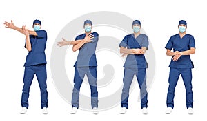 Standing medic stretching arm, wrist, elbow