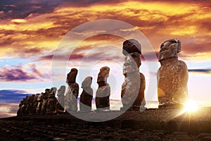 Standing moai in Easter Island at sunrise