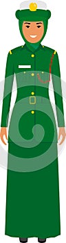 Standing Muslim Arabian Policewoman Officer in Traditional Uniform Character Icon in Flat Style. Vector Illustration.