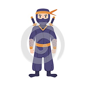 Standing Ninja or Shinobi Character as Japanese Covert Agent or Mercenary in Shozoku Disguise Costume with Sword Behind