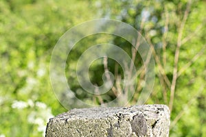 Standing old gray concrete pillar with planar surface on the top as a stage for something and blurred green grass background