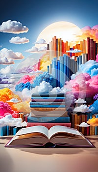 Standing and open books and literature that promote creativity, inspiration and fantasy in front of a creative and colorful