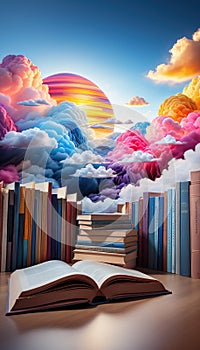 Standing and open books and literature that promote creativity, inspiration and fantasy in front of a creative and colorful