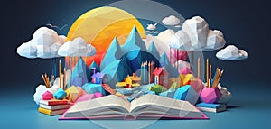 Standing and open books and literature that promote creativity, inspiration and fantasy in front of a creative and colorful