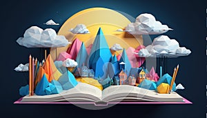 Standing and open books and literature that promote creativity, inspiration and fantasy in front of a creative and colorful