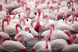 Standing out from the crowd , pink flamingo standing between man white birds. Generative AI