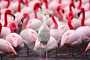 Standing out from the crowd , pink flamingo standing between man white birds. Generative AI