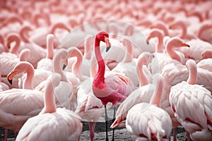 Standing out from the crowd , pink flamingo standing between man white birds. Generative AI