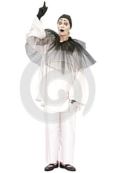 Standing pierrot pointing up isolated photo
