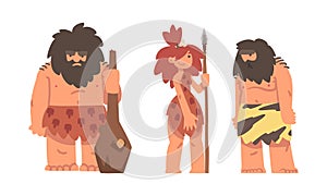 Standing Primitive Bearded Man and Woman Character from Stone Age Wearing Animal Skin Vector Illustration Set