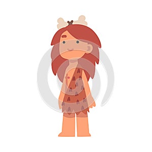Standing Primitive Little Girl Character from Stone Age Wearing Animal Skin Vector Illustration