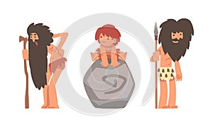 Standing Primitive Man Character with Spear and Boy from Stone Age Wearing Animal Skin Vector Illustration Set