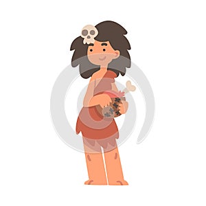 Standing Primitive Woman Character from Stone Age Wearing Animal Skin Holding Bowl with Meat Vector Illustration