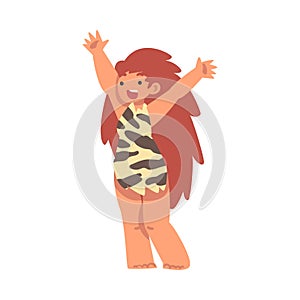 Standing Primitive Woman Character from Stone Age Wearing Animal Skin with Raised Hands Vector Illustration