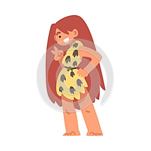 Standing Primitive Woman Character from Stone Age Wearing Animal Skin Showing V Sign Vector Illustration