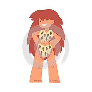 Standing Primitive Woman Character from Stone Age Wearing Animal Skin Vector Illustration