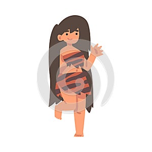 Standing Primitive Woman Character from Stone Age Wearing Animal Skin Waving Hand Vector Illustration