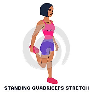Standing quadriceps stretch. Sport exersice. Silhouettes of woman doing exercise. Workout, training