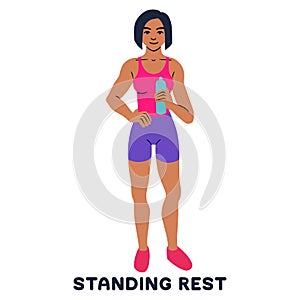 Standing rest. Water break. Sport exersice. Silhouettes of woman doing exercise. Workout, training