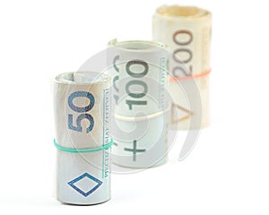 Standing rolls of Polish banknotes