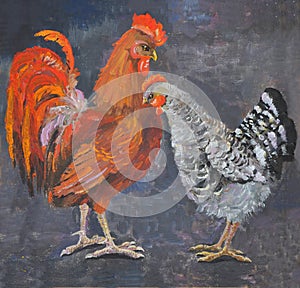 Standing rooster and hen, oil painting picture