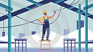 Standing on scaffolding the electrician is diligently running wiring along the exposed ceiling beams of a newly