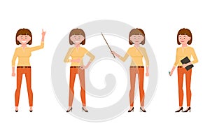 Standing, showing victory sign, holding wand, writing notes girl character. Pretty, smiling, happy young woman vector illustration