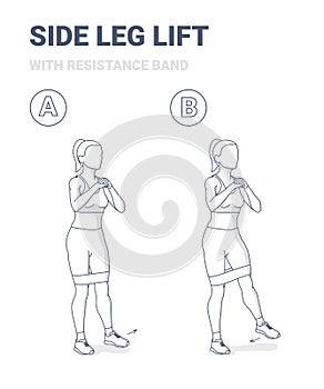 Standing Side Leg Lifts with Resistance Band Girl Home Workout Exercise Guidance Outline Concept.