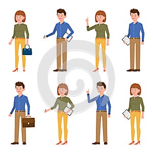 Standing side view, writing notes, pointing finger male and female cartoon character set vector man and woman