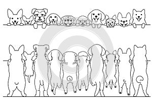 Standing small dogs front and back line art border set