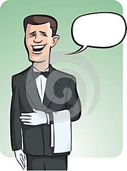 Standing smiling waiter in gloves with speech balloon