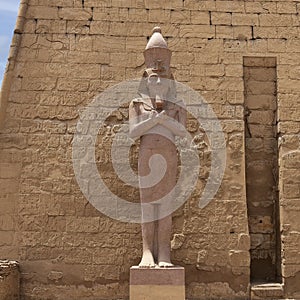 Standing statue of Rameses II at the 1st Pylon, the main entrance for  the Luxor Temple in Luxor, Egypt.