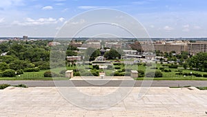 Standing on the steps of the George Washington Masonic Temple and looking out towards the Potomac River and Old Town Alexandria.