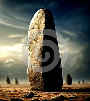 Standing stone in barren landscape. Solitary Strength concept