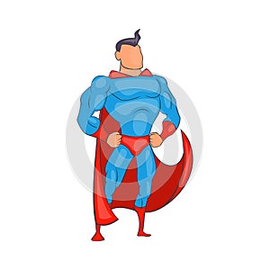 Standing Superhero in red cape icon, cartoon style