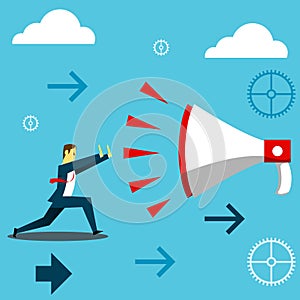 Standing survive. Businessman dispel shout of a giant megaphone. Concept business illustration. photo