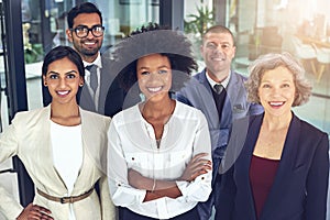 Standing tall at the top of their game. Portrait of a team of corporates standing together in an office.