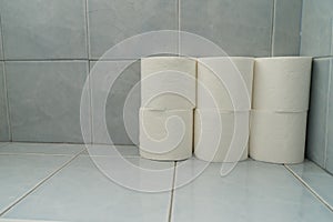 Standing toilet paper. Extra rolls on a blue tiled floor in house bathroom wall clean hygienic home compact short tall background