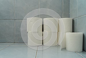 Standing toilet paper. Extra rolls on a blue tiled floor in house bathroom wall clean hygienic home compact short tall background