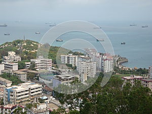 Standing on the top of the mountain to see small fishing villages, f on Wailingding Island, Zhuhai City, Guangdong Province, China