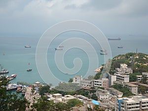 Standing on the top of the mountain to see small fishing villages, f on Wailingding Island, Zhuhai City, Guangdong Province, China