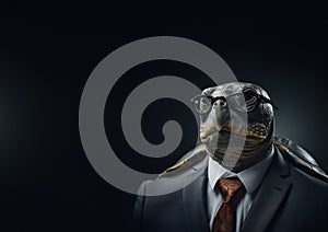 Standing turtle in a suit wearing glasses on agray background. Generative AI