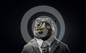 Standing turtle in a suit wearing glasses on agray background. Generative AI