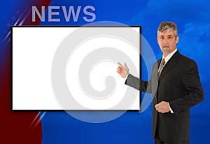 Standing TV newscaster reporter w blank screen photo